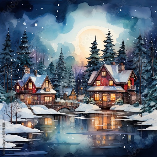 A snowy Christmas village scene with twinkling lights and a festive atmosphere in watercolors