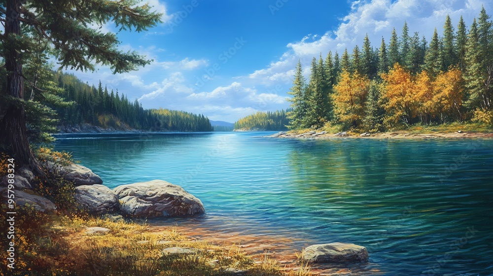 Tranquil Forest Lake with Blue Water and Golden Trees Tranquil Forest Lake with Blue Water and Golden Trees