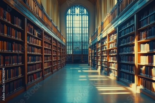 Rows of bookshelves in a library, with warm sunlight streaming through large windows.