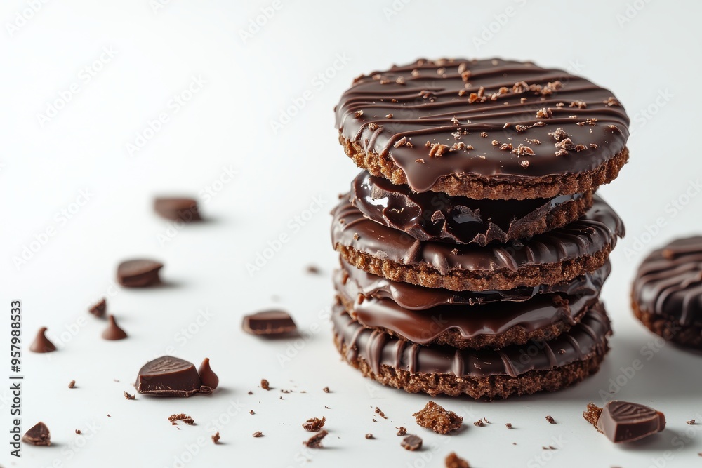 Several chocolate-filled wafer biscuits stacked and scattered Several chocolate-filled wafer biscuits stacked and scattered