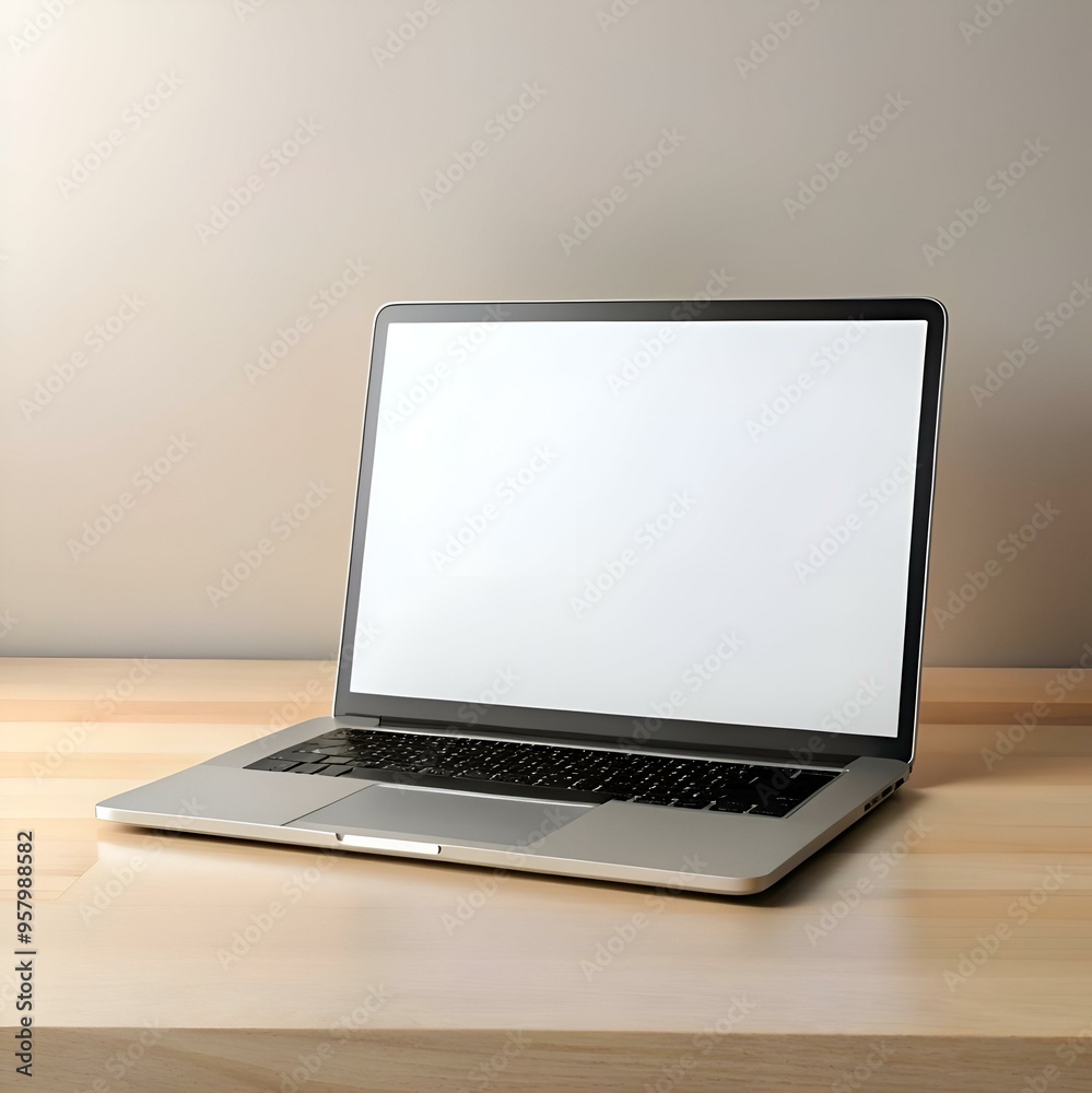 A modern laptop with a blank screen sits open on a wooden desk. A modern laptop with a blank screen sits open on a wooden desk.