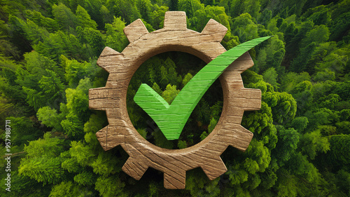 Wallpaper Mural Eco-friendly concept with a wooden gear and check mark symbolizing environmental compliance and sustainability amidst lush green forest. Torontodigital.ca