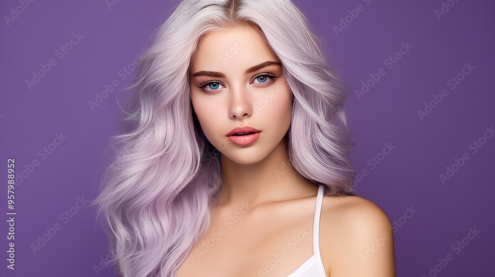 Portrait of a serious aggressive blonde teenage girl with white long hair with perfect skin, purple background, banner. Portrait of a serious aggressive blonde teenage girl with white long hair with perfect skin, purple background, banner.