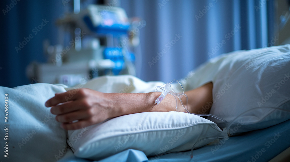 Fototapeta premium Patient in hospital bed receiving IV treatment, closeup of arm with intravenous line, healthcare and recovery concept.