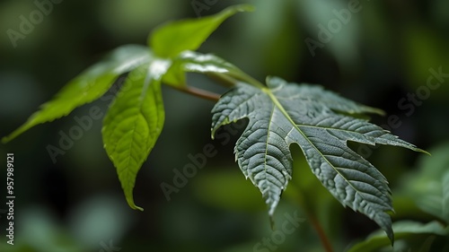 Garden closeup with a green leaf and blurred green background Copy space image for a natural green wallpaper concept