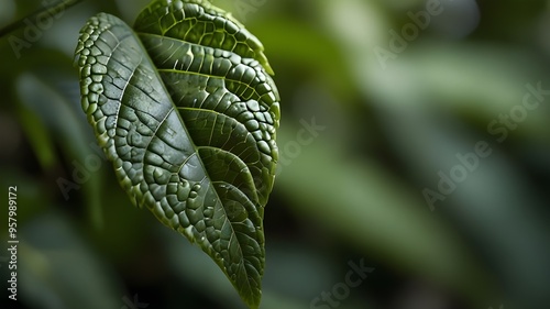 Garden closeup with a green leaf and blurred green background Copy space image for a natural green wallpaper concept