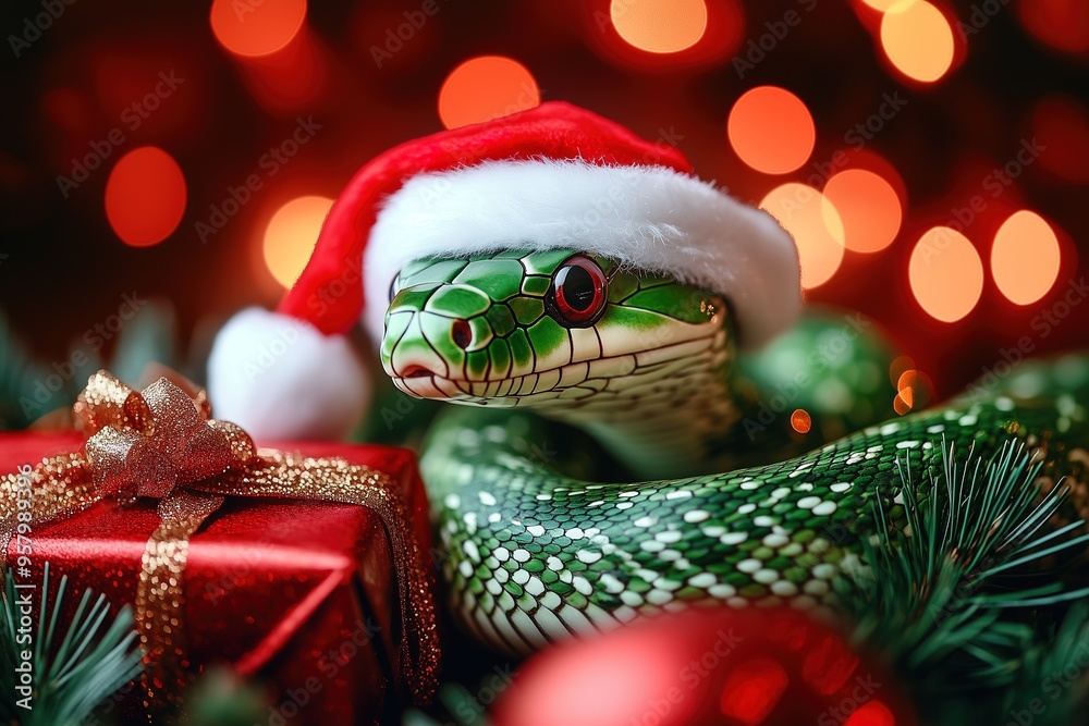 Obraz premium A Green Wooden Snake wearing a Santa Claus hat surrounded by gifts and a Christmas tree on red bokeh Background