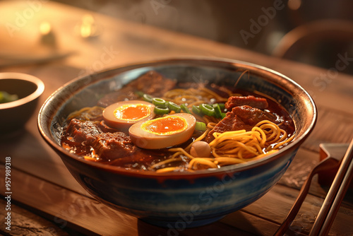 A Bowl of Braised Beef Noodles with Sliced Egg Inside, Captured in Photorealistic Villagecore Style, UHD Quality, Featuring Installation-Based Cabincore Aesthetic for a Cozy and Traditional Dining Exp photo