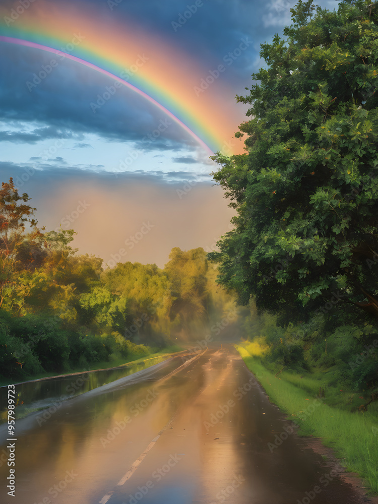Rainbow after rain background with a blue sky
Rainbow after rain background with a blue sky