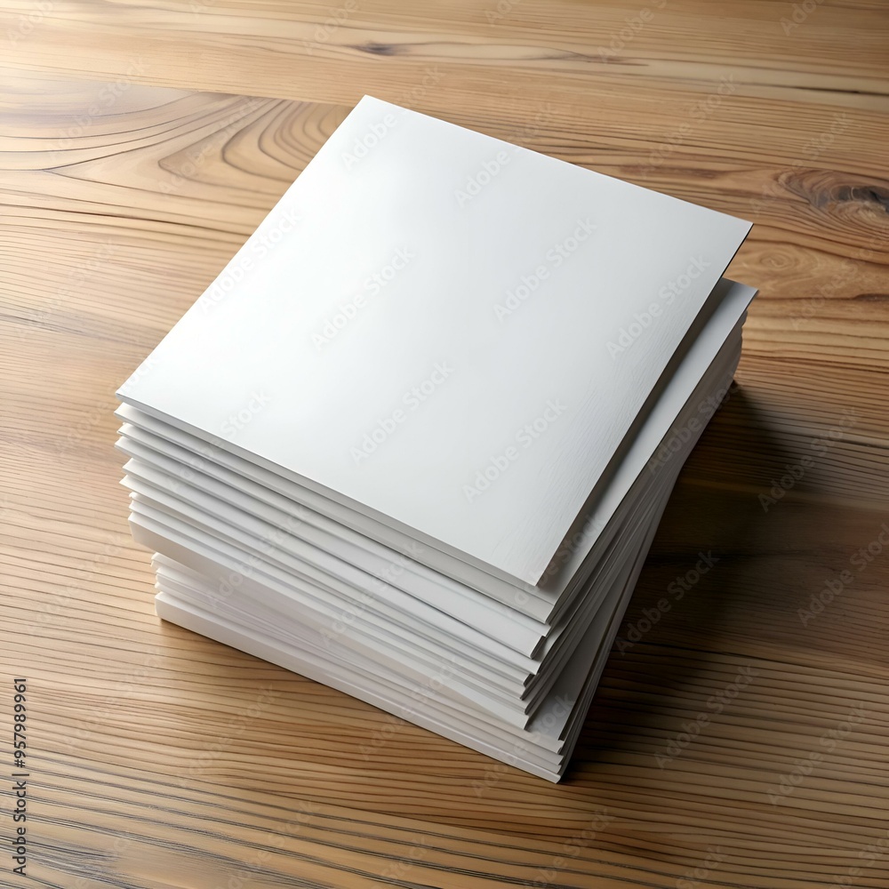 Fototapeta premium A neat stack of blank white paper on a wooden table. perfect for showcasing your design or branding.