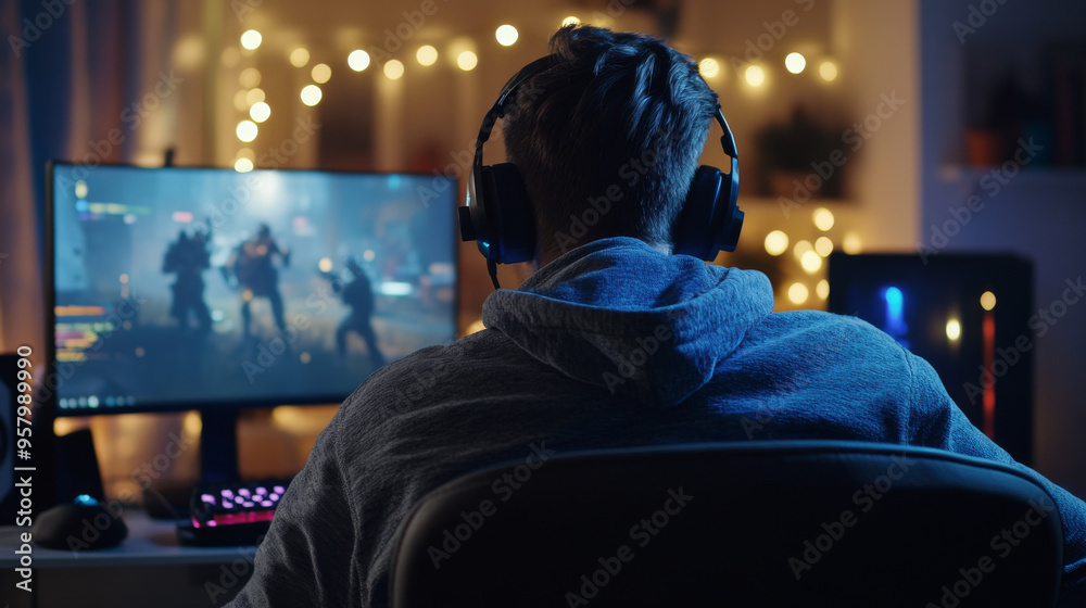 Man using a PC gaming setup, relaxing while playing a multiplayer online action game, talking to his team on a headset in a tournament. Gamer streaming a first-person shooter while explaining the game Man using a PC gaming setup, relaxing while playing a multiplayer online action game, talking to his team on a headset in a tournament. Gamer streaming a first-person shooter while explaining the game
