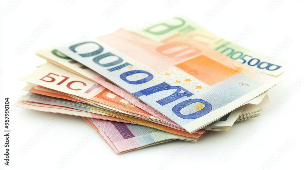 Euro currency banknotes. Big stack of money. Simple, flat style. Graphic vector illustration. European paper money backdrop with 100, 200, and 500 euros bills. Isometric view on a white background Euro currency banknotes. Big stack of money. Simple, flat style. Graphic vector illustration. European paper money backdrop with 100, 200, and 500 euros bills. Isometric view on a white background