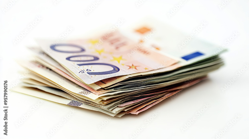 Euro currency banknotes. Big stack of money. Simple, flat style. Graphic vector illustration. European paper money backdrop with 100, 200, and 500 euros bills. Isometric view on a white background Euro currency banknotes. Big stack of money. Simple, flat style. Graphic vector illustration. European paper money backdrop with 100, 200, and 500 euros bills. Isometric view on a white background