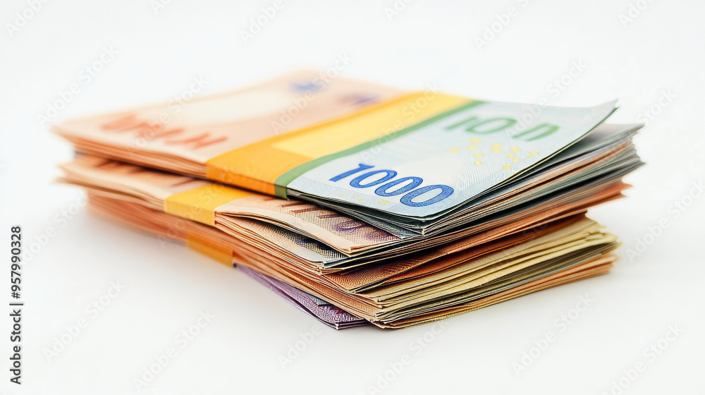 Euro currency banknotes. Big stack of money. Simple, flat style. Graphic vector illustration. European paper money backdrop with 100, 200, and 500 euros bills. Isometric view on a white background Euro currency banknotes. Big stack of money. Simple, flat style. Graphic vector illustration. European paper money backdrop with 100, 200, and 500 euros bills. Isometric view on a white background