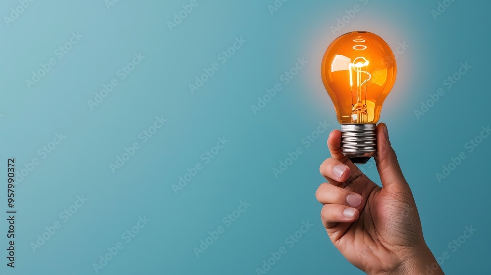 A bright light bulb held in hand, symbolizing ideas, innovation, and creativity against a soft blue background. A bright light bulb held in hand, symbolizing ideas, innovation, and creativity against a soft blue background.