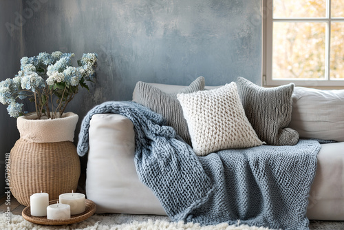 A cozy living room with handmade knitted throws and pillows, in gray-blue tones. Warm interior photography style, inviting, soft, textured, cozy, and handcrafted. photo