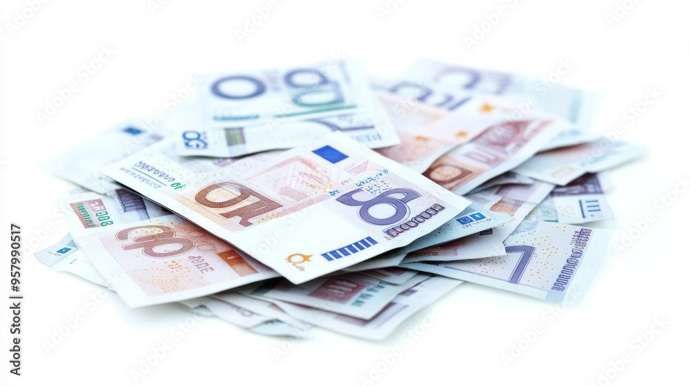 Euro currency banknotes. Big stack of money. Simple, flat style. Graphic vector illustration. European paper money backdrop with 100, 200, and 500 euros bills. Isometric view on a white background Euro currency banknotes. Big stack of money. Simple, flat style. Graphic vector illustration. European paper money backdrop with 100, 200, and 500 euros bills. Isometric view on a white background