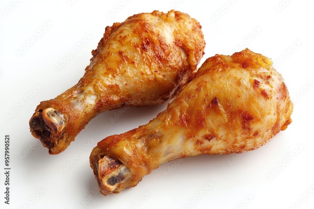 Three perfectly cooked chicken drumsticks with crispy, golden-brown skin Three perfectly cooked chicken drumsticks with crispy, golden-brown skin