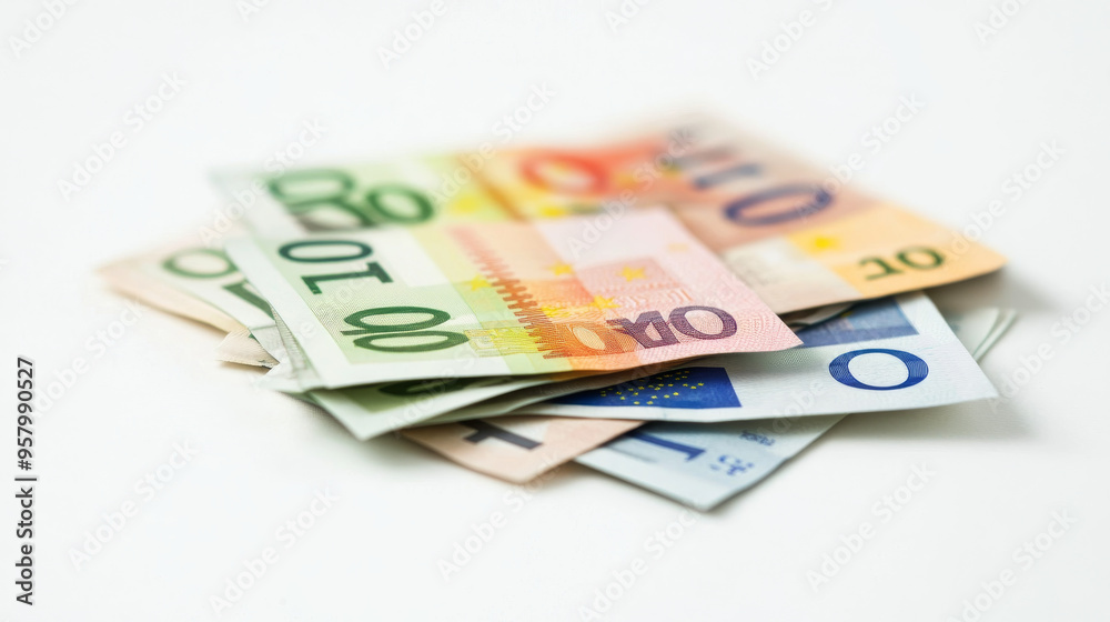 Euro currency banknotes. Big stack of money. Simple, flat style. Graphic vector illustration. European paper money backdrop with 100, 200, and 500 euros bills. Isometric view on a white background Euro currency banknotes. Big stack of money. Simple, flat style. Graphic vector illustration. European paper money backdrop with 100, 200, and 500 euros bills. Isometric view on a white background