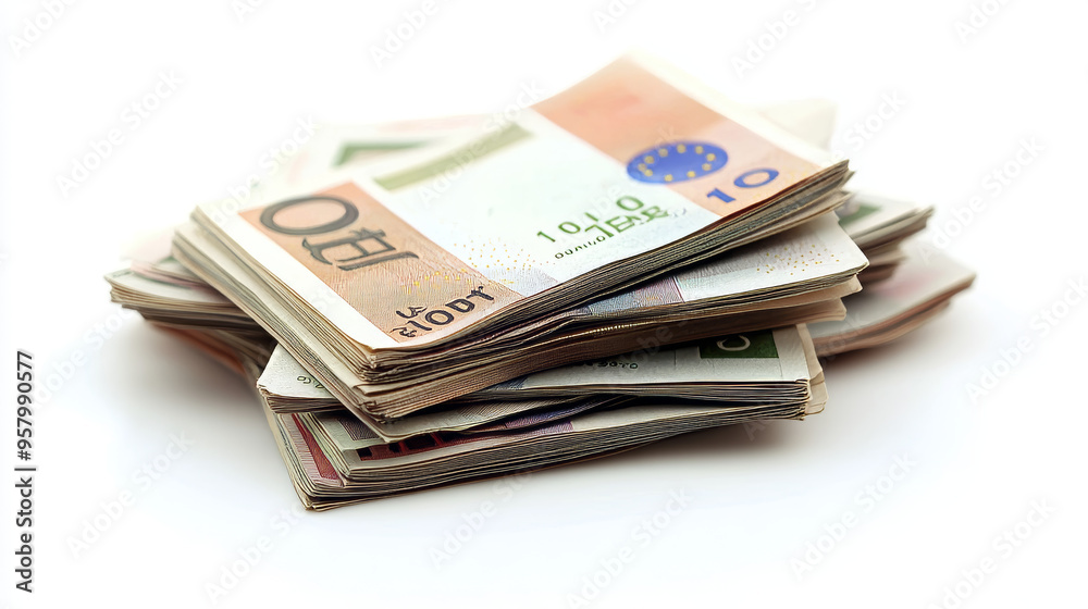 Euro currency banknotes. Big stack of money. Simple, flat style. Graphic vector illustration. European paper money backdrop with 100, 200, and 500 euros bills. Isometric view on a white background Euro currency banknotes. Big stack of money. Simple, flat style. Graphic vector illustration. European paper money backdrop with 100, 200, and 500 euros bills. Isometric view on a white background