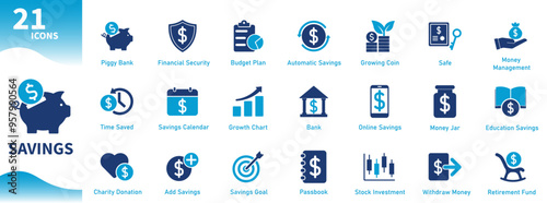 Savings icon. Collection of icons about finance, banking, piggy bank, money, retirement fund. Solid vector icons.