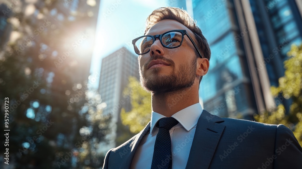 Confident Businessman in Suit and Glasses Standing in Modern City with Sunlight and Skyscrapers in Background Confident Businessman in Suit and Glasses Standing in Modern City with Sunlight and Skyscrapers in Background