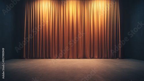 Elegant wooden stage with warm  glowing curtains ready for a performance  creating an inviting atmosphere for the audience.
