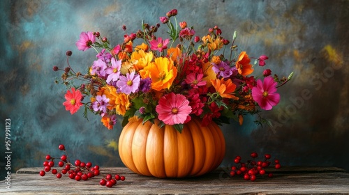 A pumpkin shaped vase filled with colorful flowers