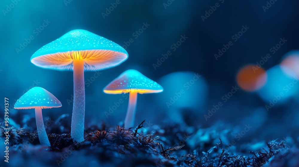 Fototapeta premium Glowing mushrooms in a mystical forest create a surreal and enchanting atmosphere, highlighting nature's beauty and mystery.