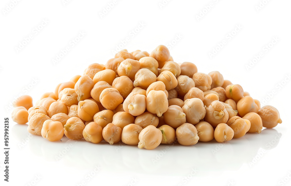 Chickpeas, raw and uncooked. Full body photo of dry yellow colored shelled garbanzo beans on a white background. Close up view of chickpeas for cooking or health food concept. A handful of chickpeas Chickpeas, raw and uncooked. Full body photo of dry yellow colored shelled garbanzo beans on a white background. Close up view of chickpeas for cooking or health food concept. A handful of chickpeas