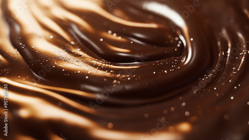 Macro shot of a layer of chocolate ganache, showing the glossy, velvety surface with tiny ripples and reflections of light.
