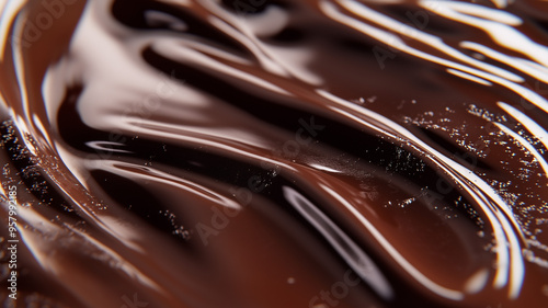 Macro shot of a layer of chocolate ganache, showing the glossy, velvety surface with tiny ripples and reflections of light.
