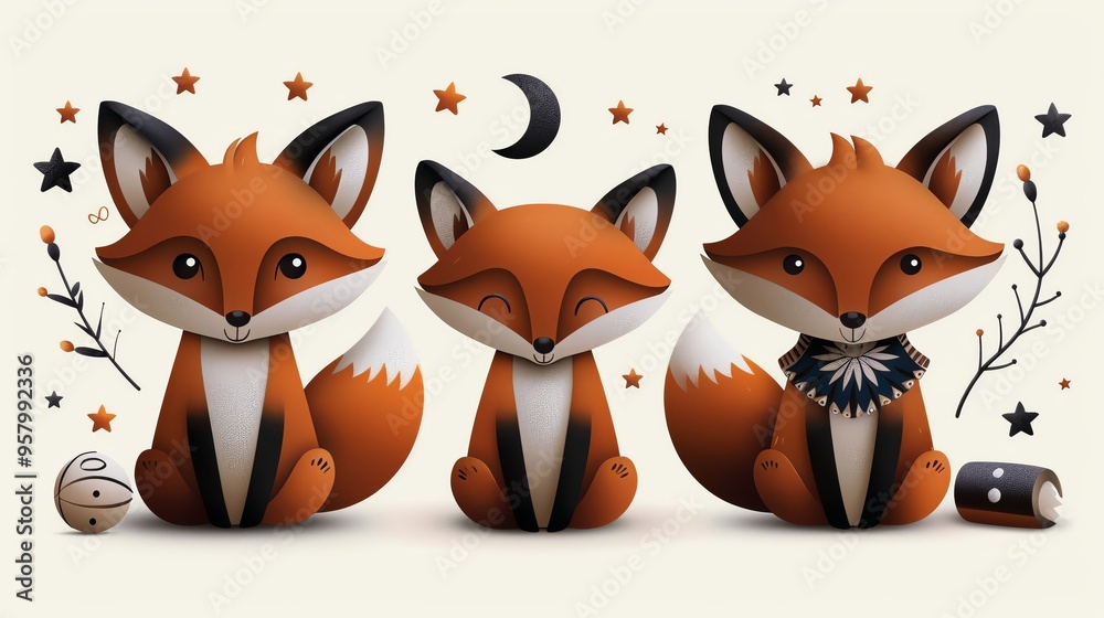 Fototapeta premium Charming illustration of three cute fox characters surrounded by whimsical elements like stars and a moon.