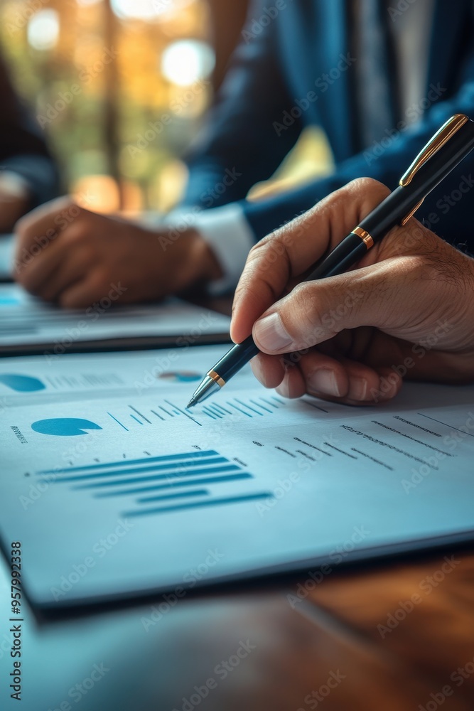 Business Meeting with Focus on Financial Report and Data Analysis in a Modern Office Setting Business Meeting with Focus on Financial Report and Data Analysis in a Modern Office Setting