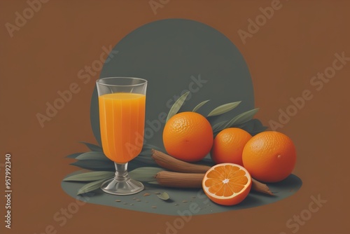 Glass of orange juice and fresh orange fruits. ai generative photo