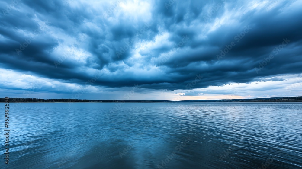 Fototapeta premium Serene lake under dramatic blue clouds, reflecting calm waters and moody skies, perfect for nature and landscape themes.