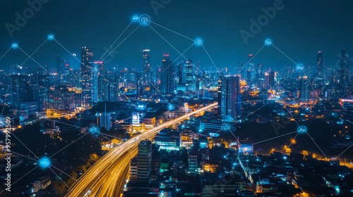 Wallpaper Mural Modern city with wireless network connection and cityscape concept. Wireless network and connection technology concept with a city background at night Torontodigital.ca