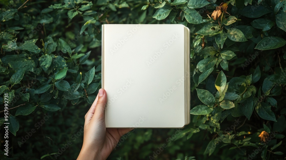 Minimalist blank book held in hand in green natural nuance Minimalist blank book held in hand in green natural nuance