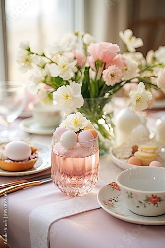 Easter brunch table set with spring flowers and pastel decor
