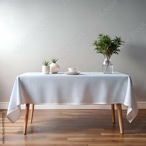 A clean and minimalist table setting with a white tablecloth. wooden legs. and subtle green accents.