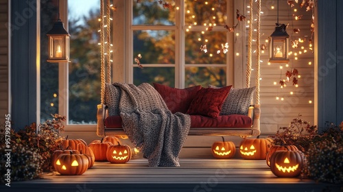 Cozy Autumn Porch with Halloween Decor and Warm Lighting