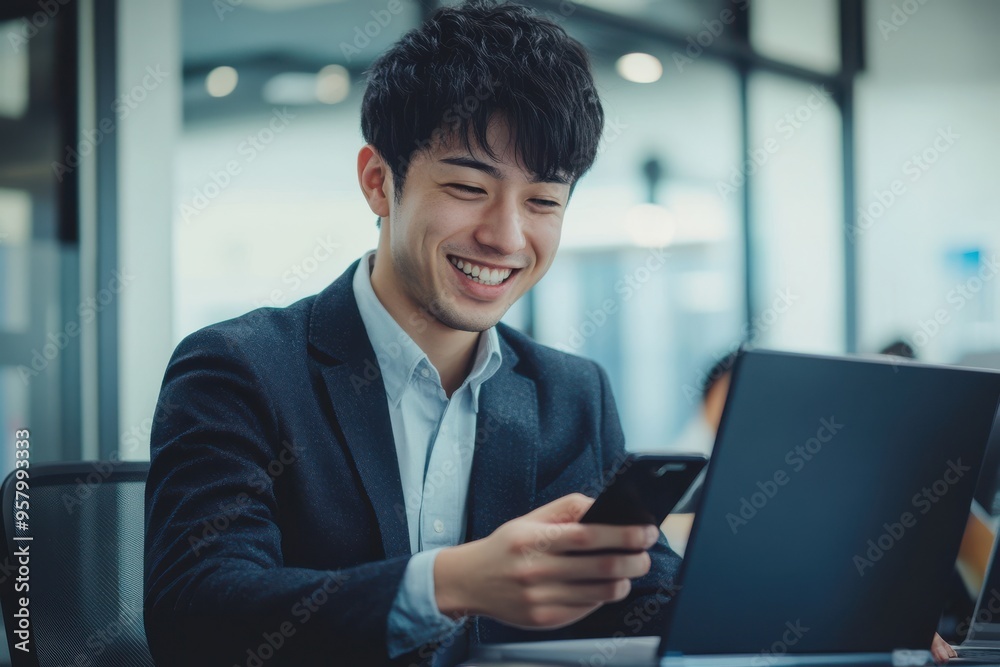 Young busy smiling Asian Japanese business man worker executive holding cellphone device using Young busy smiling Asian Japanese business man worker executive holding cellphone device using