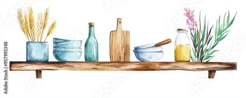Rustic kitchen shelves flat design, front view, rustic theme, watercolor, colored pastel
