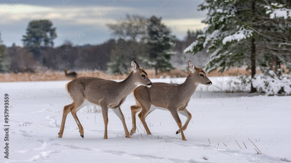a pair of white tailed deer in a snowy field a pair of white tailed deer in a snowy field