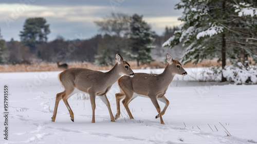 a pair of white tailed deer in a snowy field 