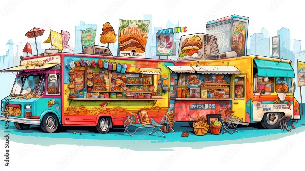Fototapeta premium Food truck illustration design, with various kinds of wet food and fast food snacks