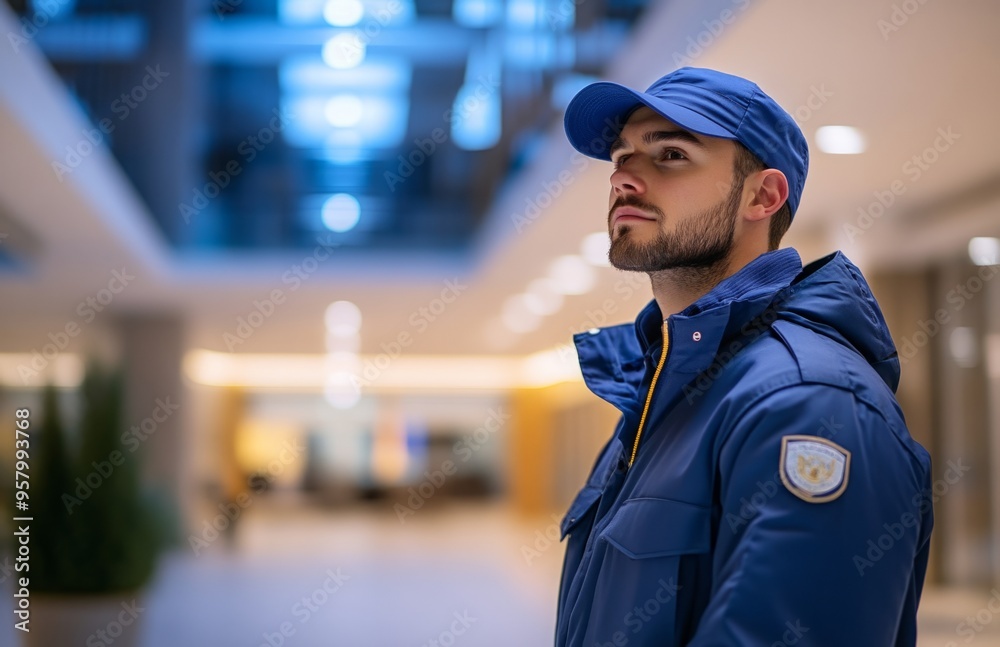 Security guard in blue uniform and hat, standing in modern office building lobby, professional setting Security guard in blue uniform and hat, standing in modern office building lobby, professional setting
