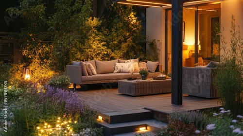 Summer evening on the terrace of beautiful suburban house with patio with wicker furniture and lights