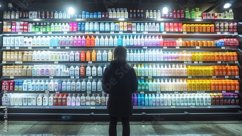 A person explores a vibrant array of shampoo and conditioner bottles at a retail store in the evening, captivated by the colorful options available