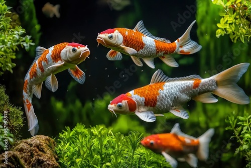 Three Koi Fish Swimming in a Pond with Green Plants photo